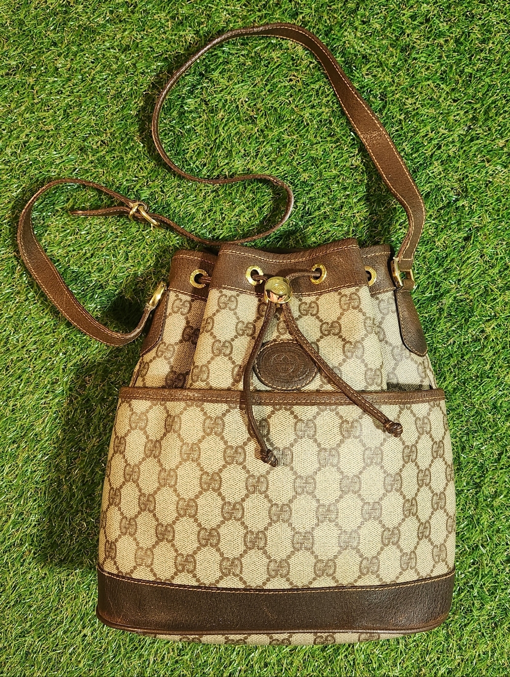 Vintage Gucci Brown Monogram Drawstring Bucket Shoulder Bag